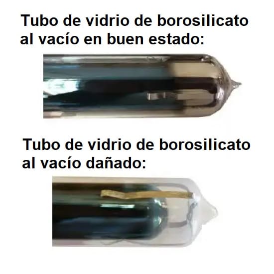 Imagen comparativa de un tubo de vidrio de borosilicato al vacío de un calentador solar dañado y uno en buen estado