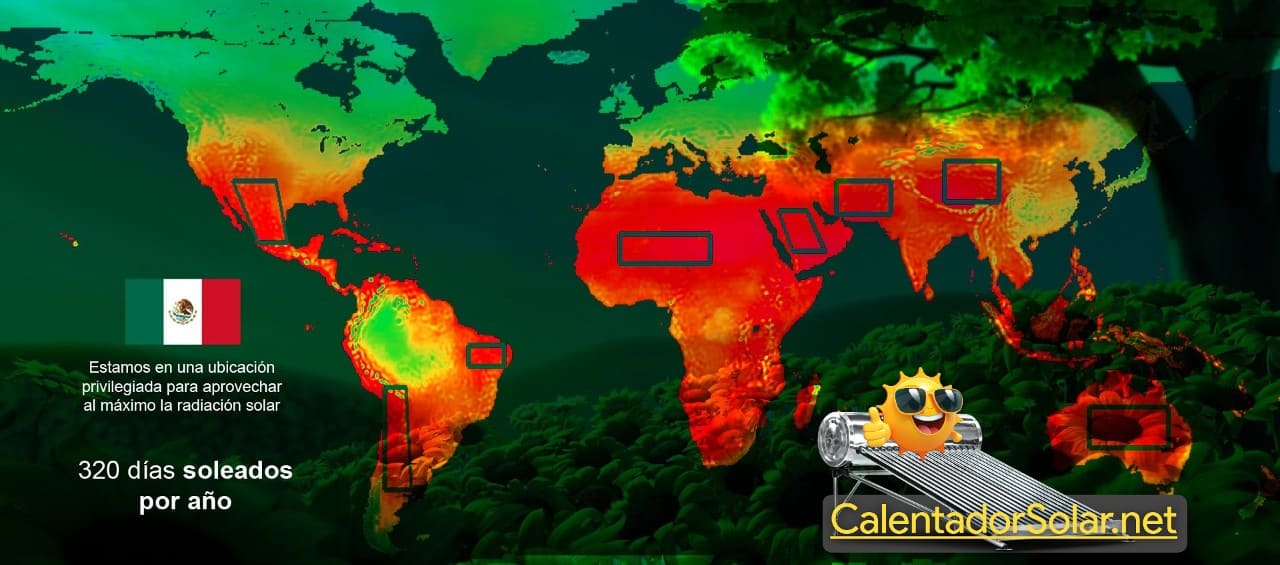 Mapa de los países con mayor cantidad de días soleados en el mundo para la instalación de calentadores solares.